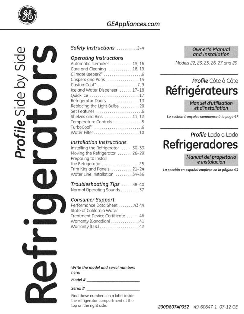 GE SIDE-BY-SIDE REFRIRATOR 22 Owners and installation manual