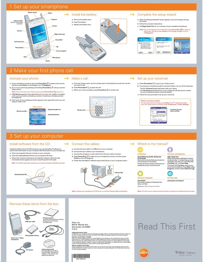 Palm 700wx - Treo Smartphone 60 MB Instruction sheet
