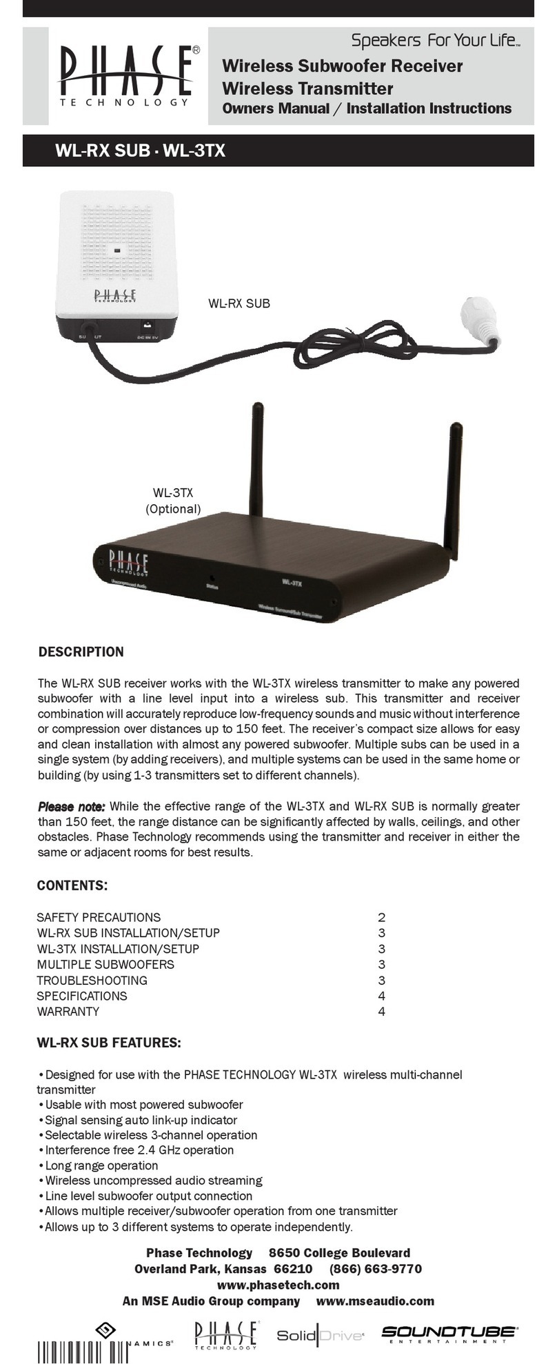Phase Technologies WL-3TX Owner's Manual & Installation Instructions Phase Technologies WL-3TX Owner's Manual & Installation Instructions