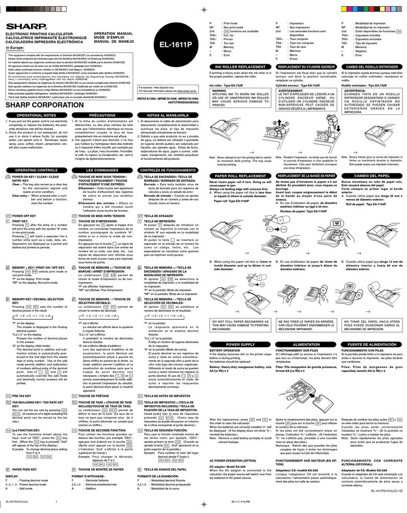 Sharp EL1611P - 12 Digit Hand Held Calculator AC/DC... User manual