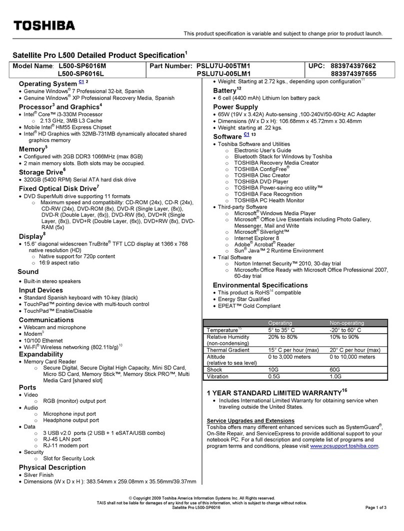 Toshiba Satellite Pro L500-SP6016L User manual
