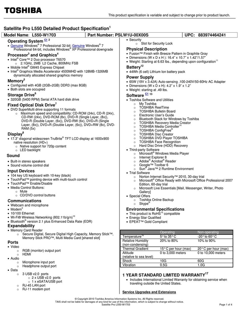 Toshiba Satellite Pro L550-W1703 Specifications Toshiba Satellite Pro L550-W1703 Specifications