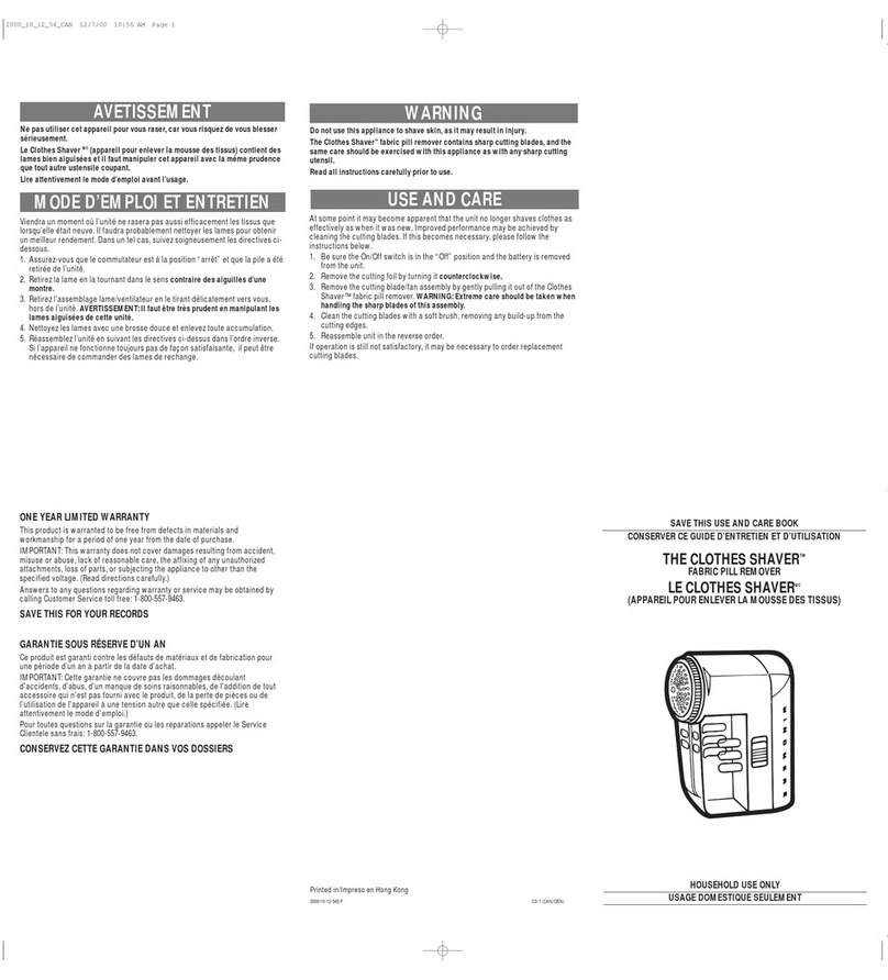 Windmere THE CLOTHES SHAVER CS-1 Installation instructions