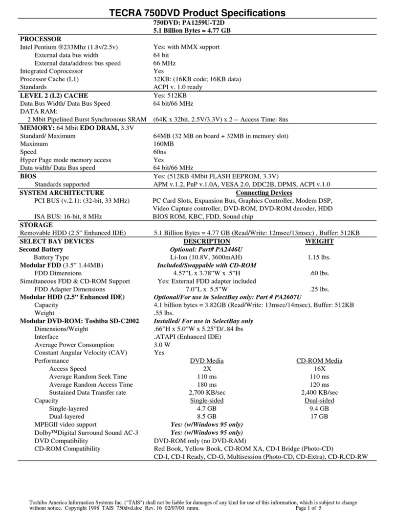 Toshiba Tecra 750DVD Specification sheet