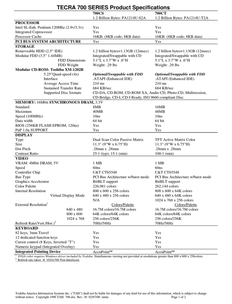 Toshiba Tecra 700CS Specification sheet