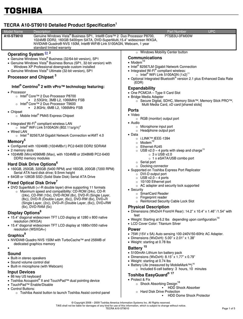Toshiba Tecra A10-ST9010 Specification sheet