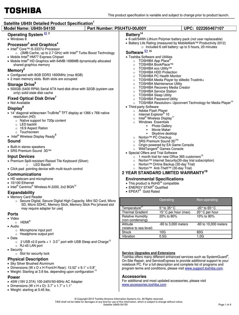 Toshiba Satellite U845T-S4150 Specifications