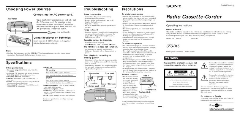 Sony CFS-B15 - Am/fm Stereo Cassette Recorder User manual