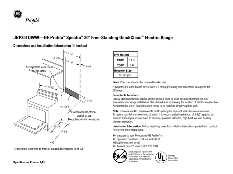 GE Profile Spectra JBP85TDWW Dimensions and installation information