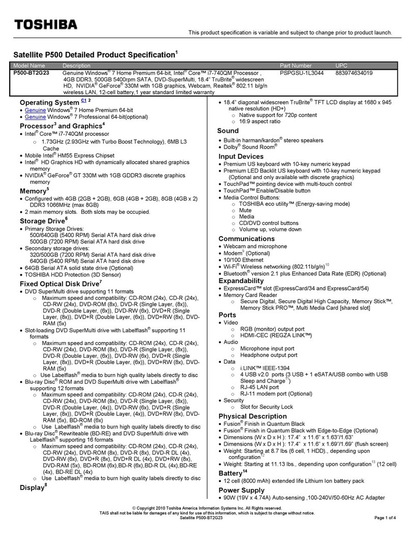 Toshiba Satellite P500-BT2G23 User manual