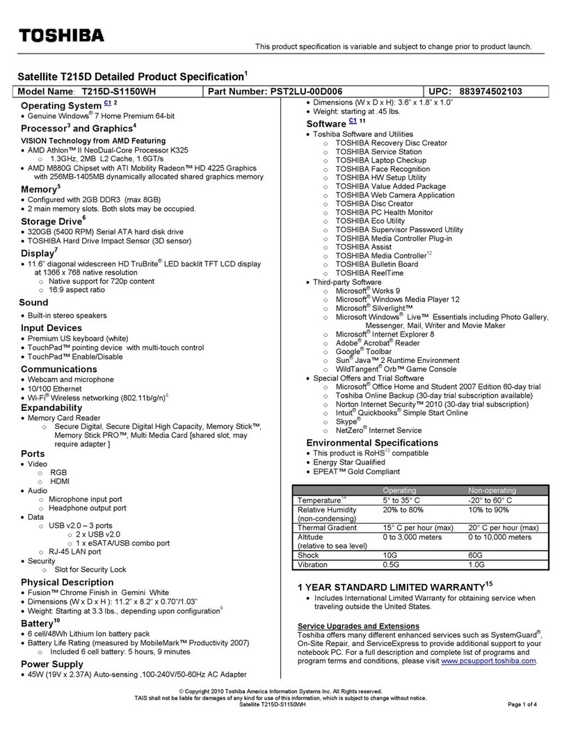 Toshiba Satellite T215D-S1150WH Installation instructions