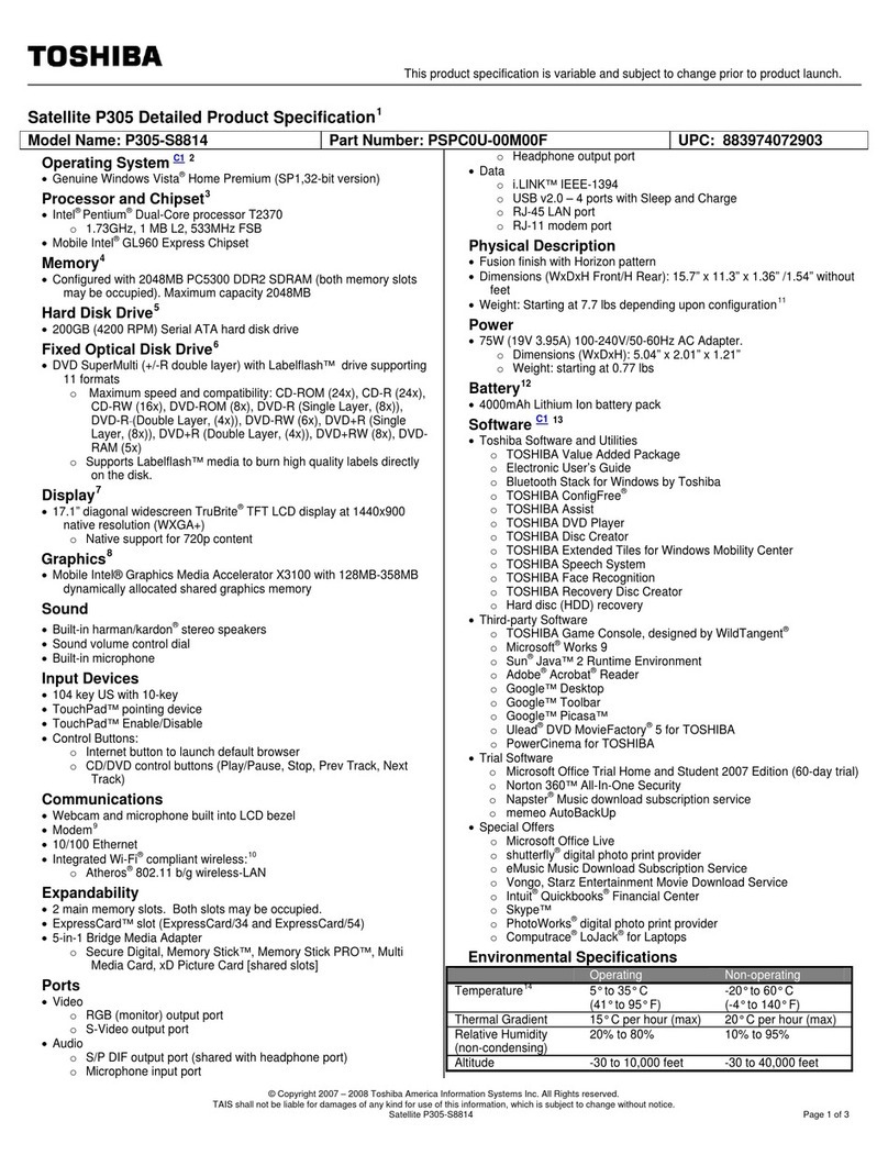 Toshiba Satellite P305-S8814 Product specifications