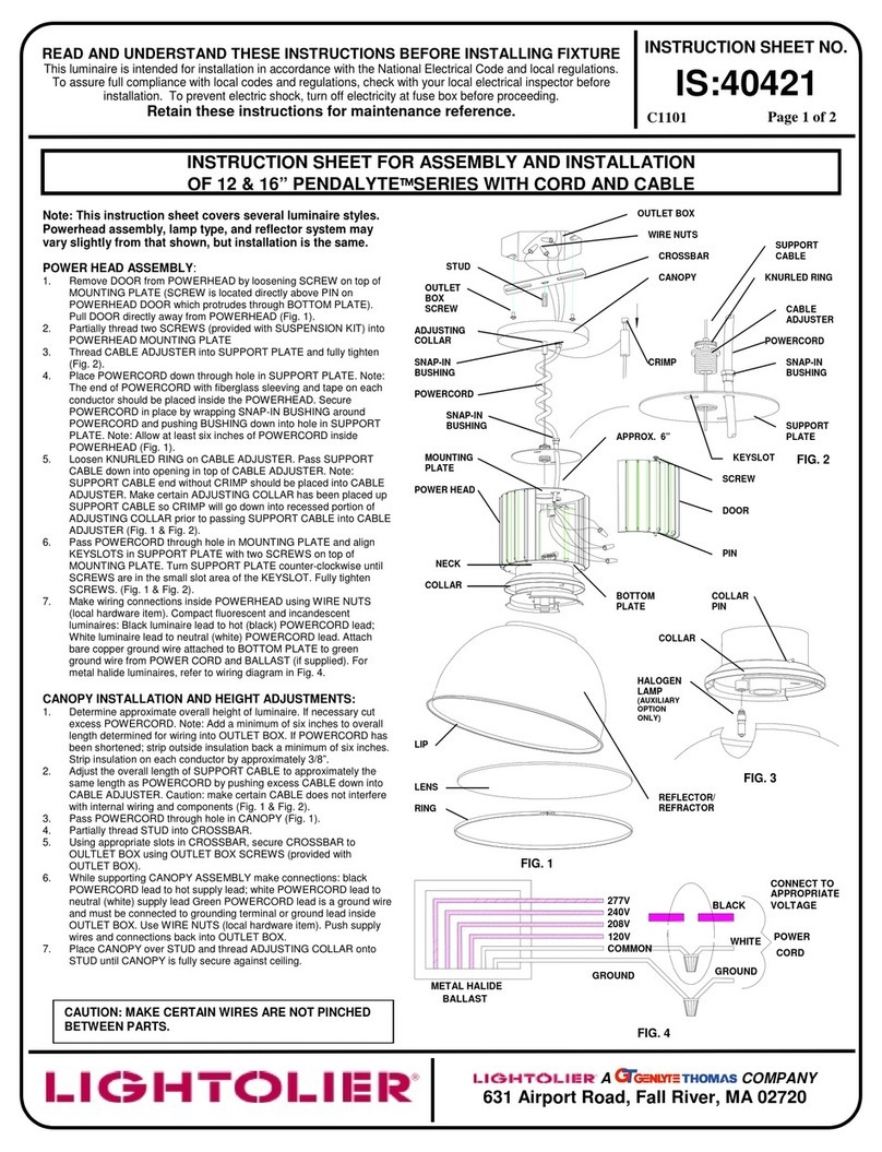 Lightolier 12" PENDALYTE SERIES instruction sheet