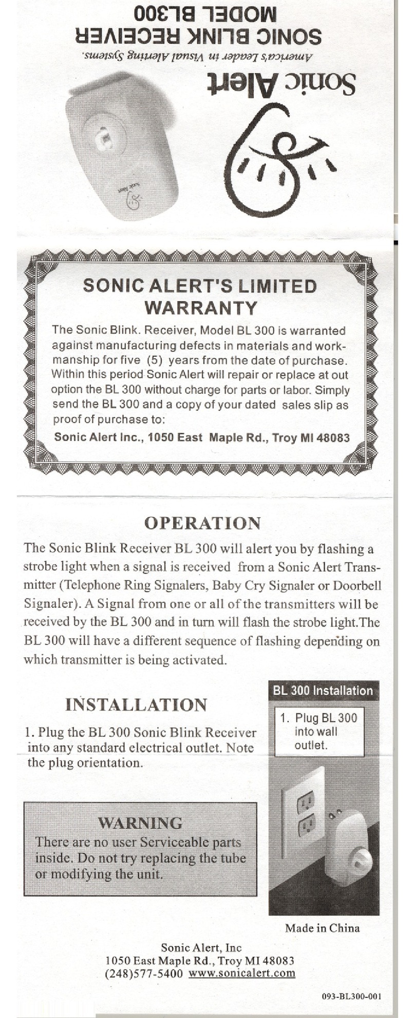 Sonic Alert BL300 Operation manual