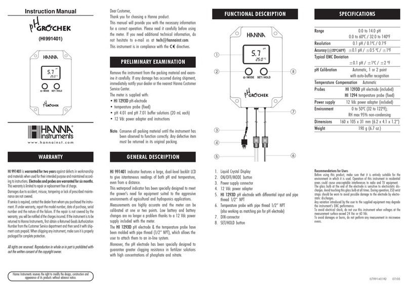Hanna Instruments HI 991401 instruction manual Hanna Instruments HI 991401 instruction manual
