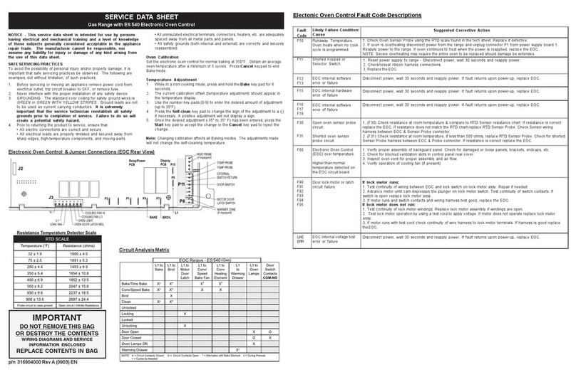 Frigidaire Gas Range Service data sheet