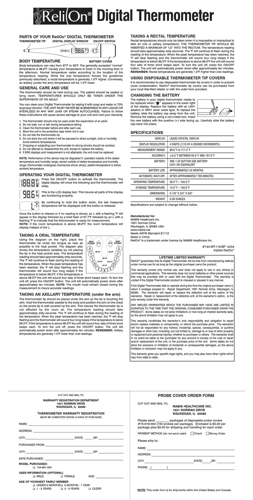 ReliOn DIGITAL THERMOMETER Instruction booklet