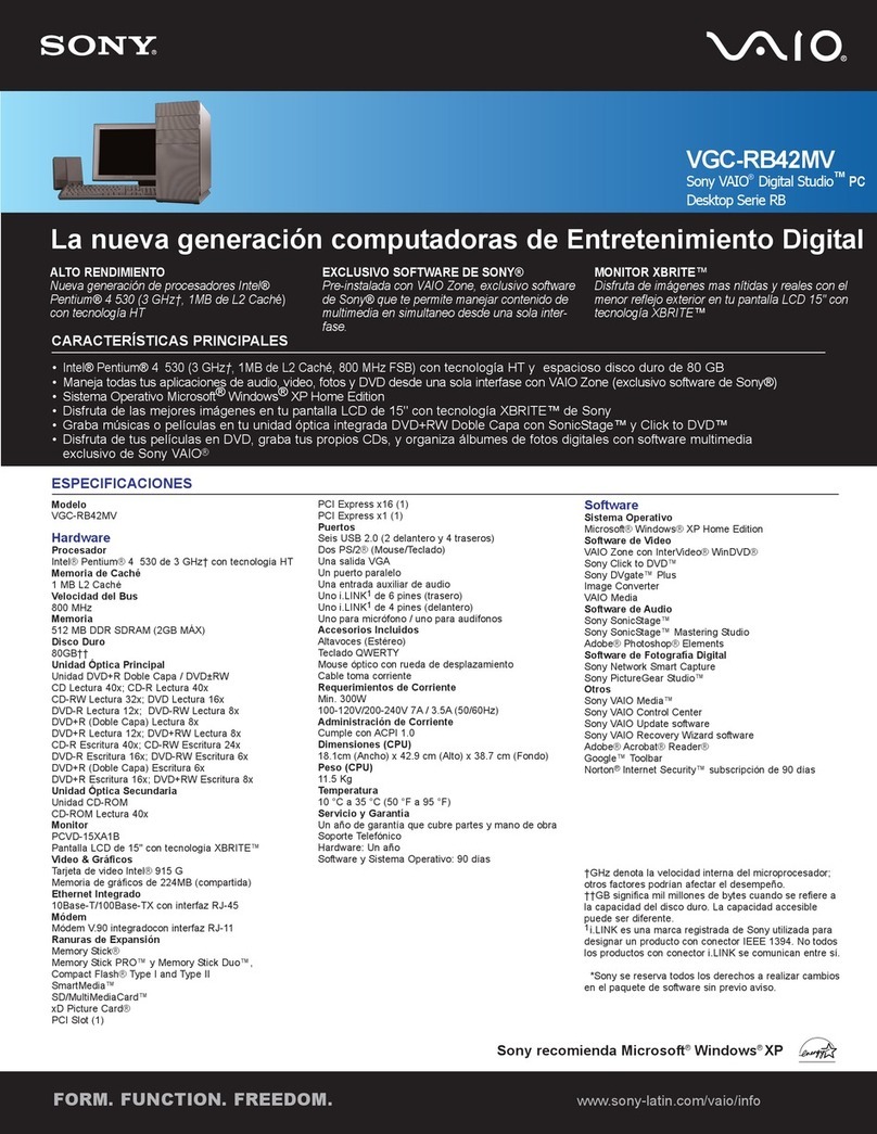 Sony VGC-RB42MV - Vaio Desktop Computer User manual