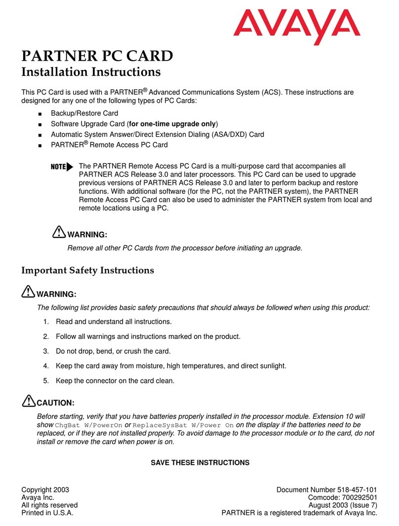 Avaya PARTNER PC CARD installation instructions Avaya PARTNER PC CARD installation instructions