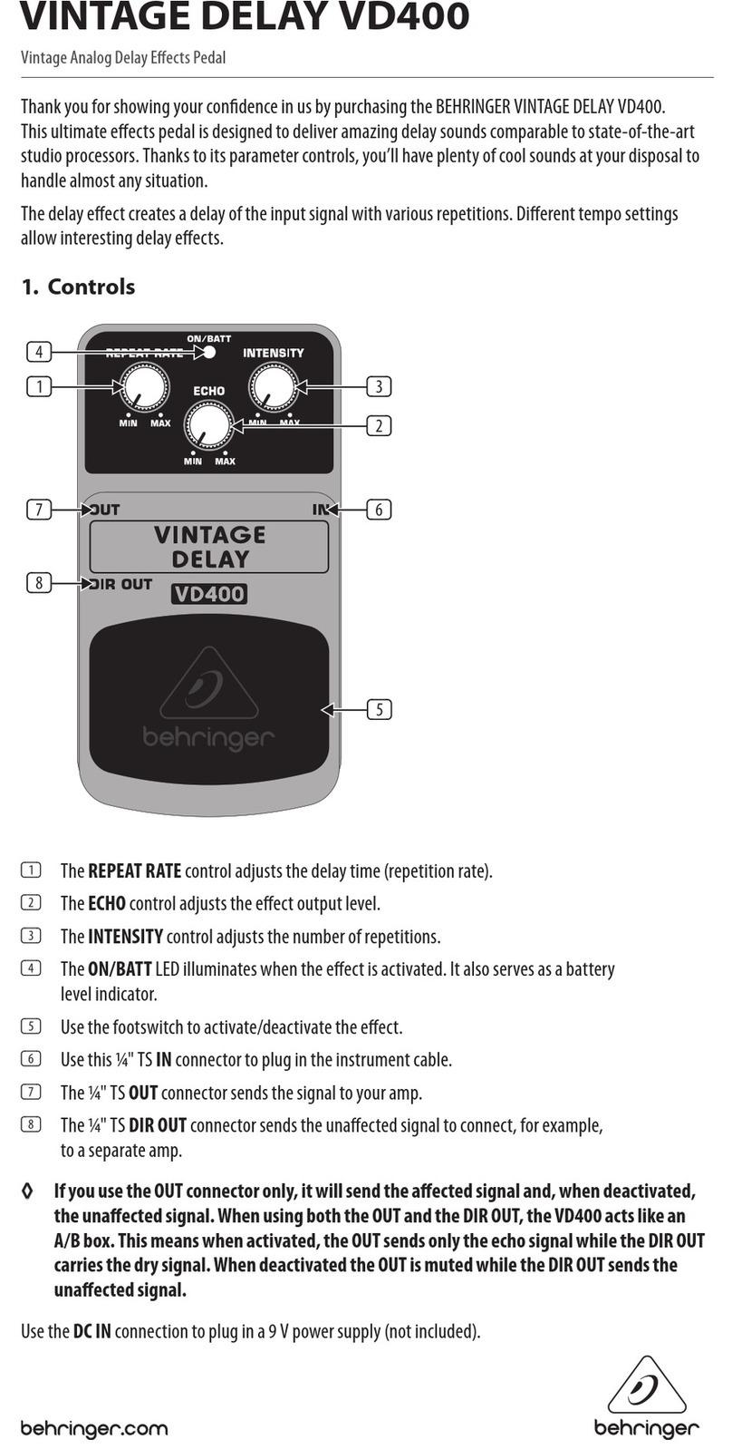 Behringer VINTAGE DELAY VD400 manual