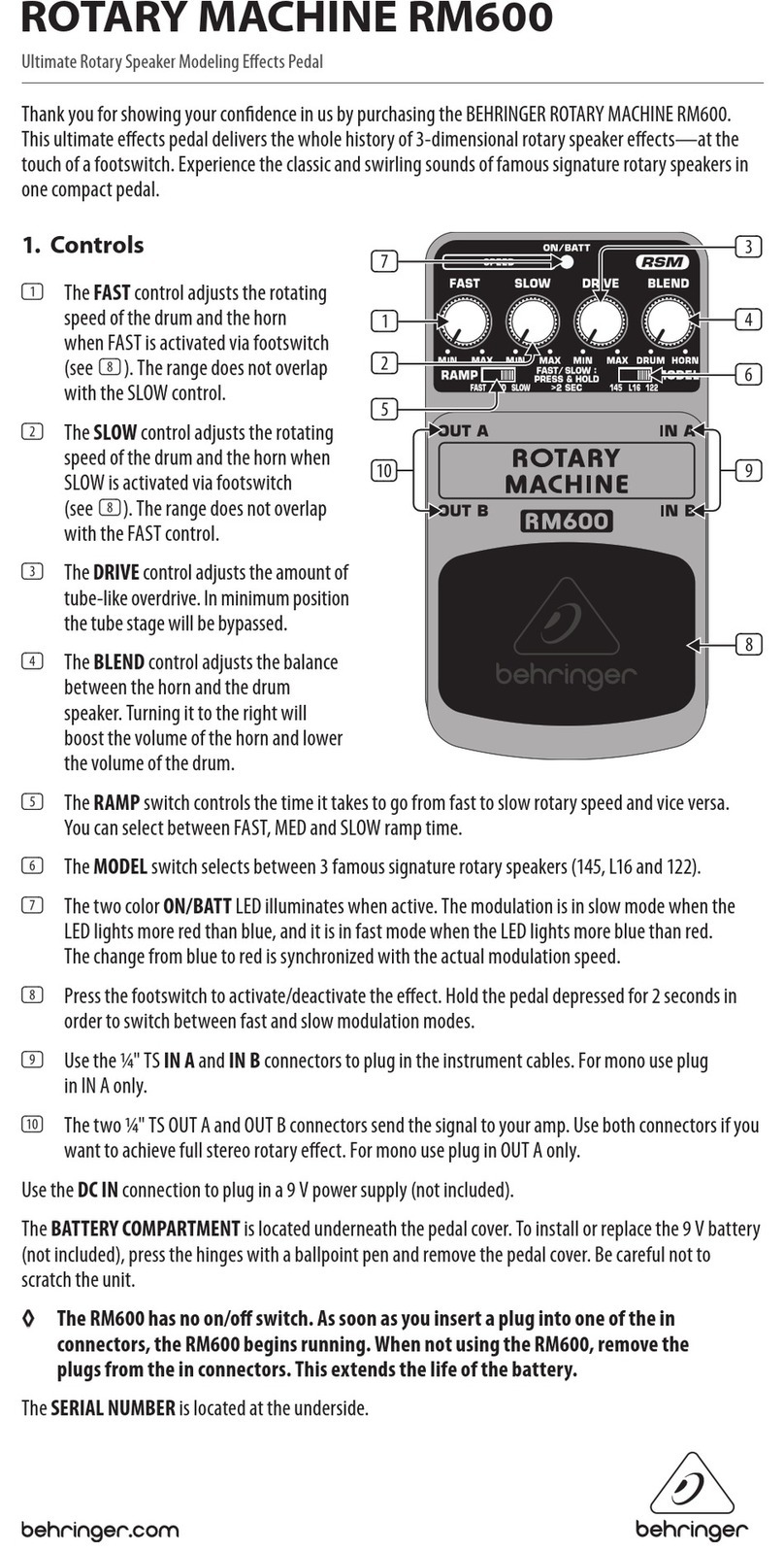 Behringer ROTARY MACHINE RM600 User manual