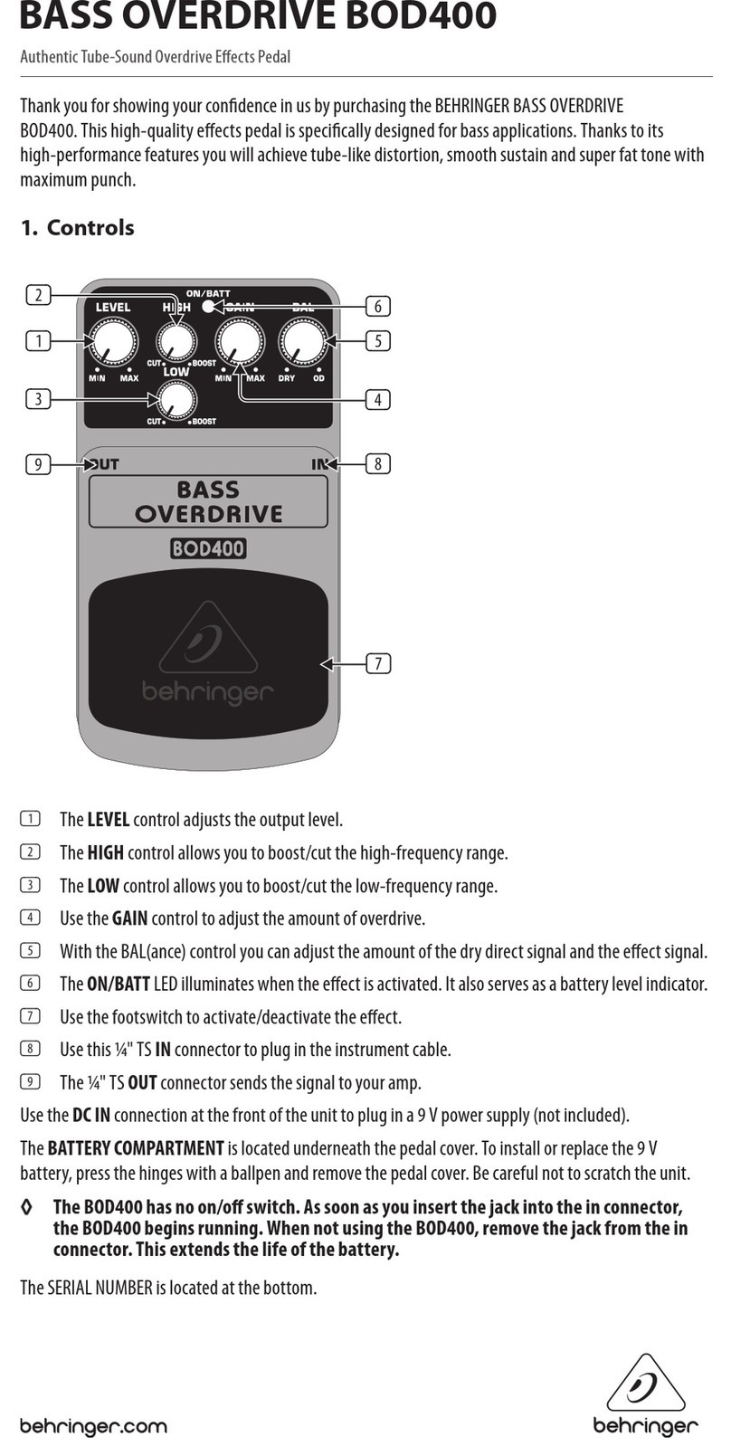 Behringer BASS OVERDRIVE BOD400 User manual
