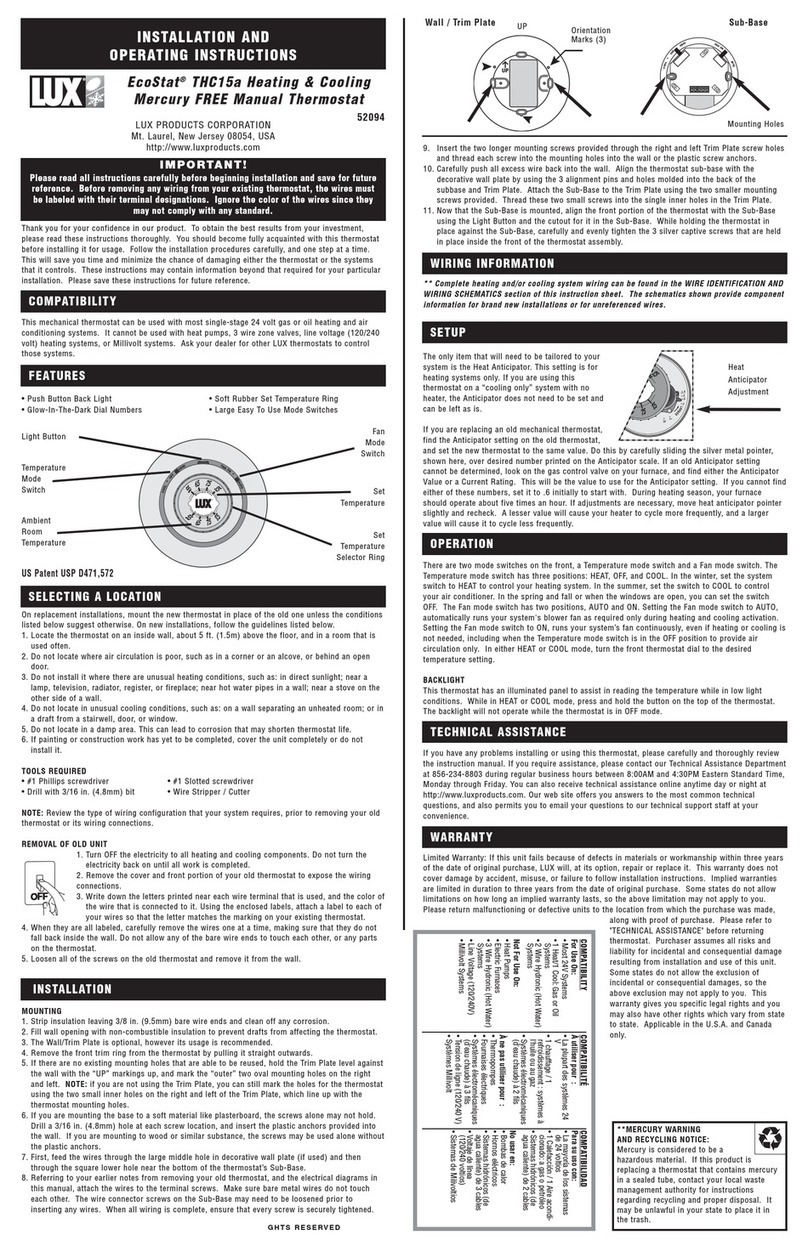 Lux Products EcoStat THC15a Installation and operating instructions Lux Products EcoStat THC15a Installation and operating instructions