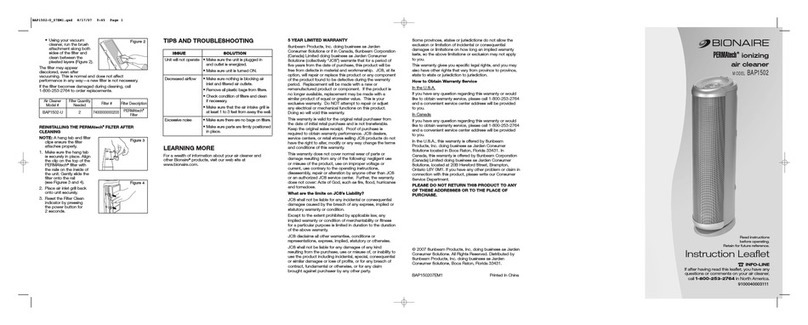 Bionaire PERMAtech BAP1502 Instruction leaflet