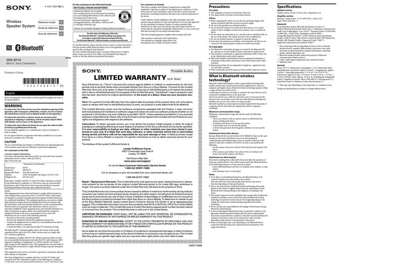 Sony SRS-BTV5 reference guide