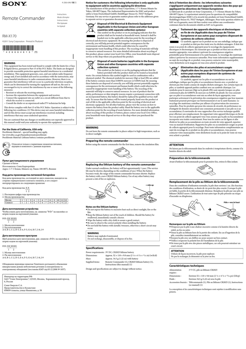 Sony Remote Commander RM-X170 User manual Sony Remote Commander RM-X170 User manual