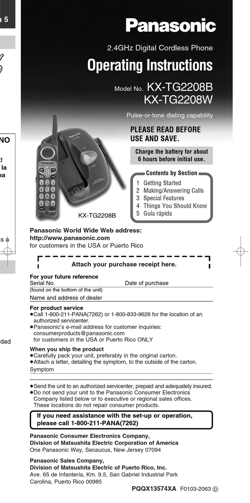 Panasonic KXTG2208B - 2.4 GHZ DIGITAL CDL User manual