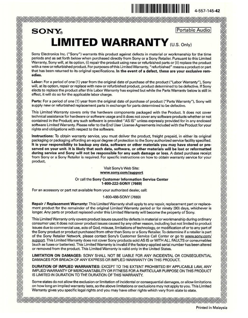 Sony MDR-1RNC Limited warranty