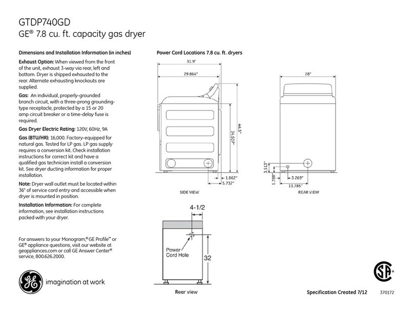 GE GTDP740GDWW Dimensions and installation information