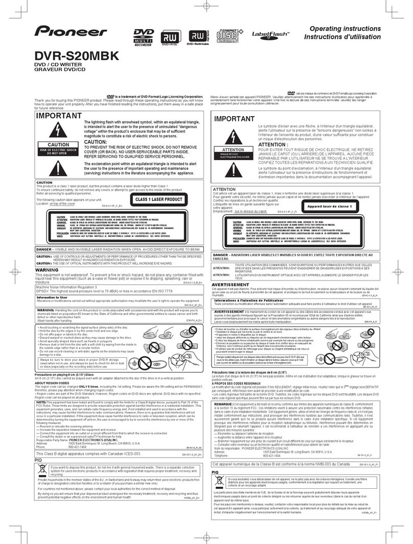 Pioneer DVR-S20MBK installation manual