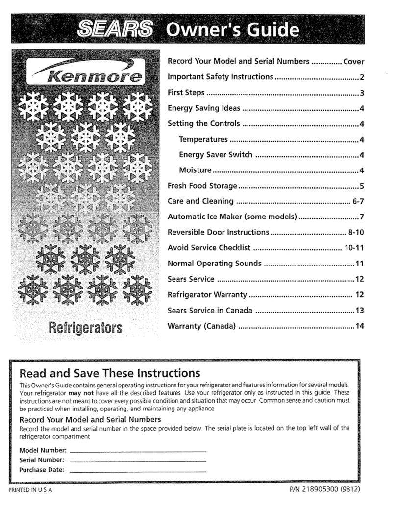 Kenmore Sears refrigerator User manual