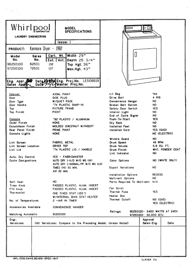 Kenmore 1992 96250100 User manual