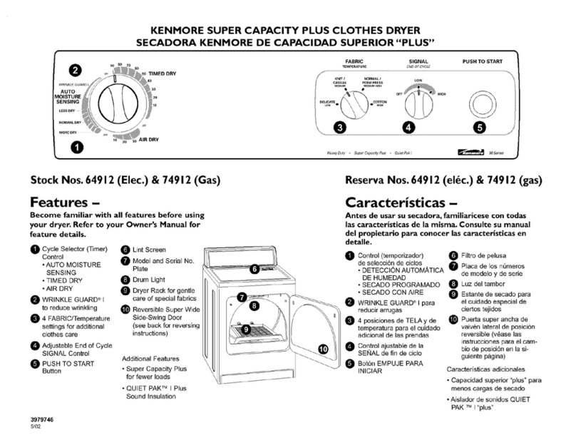 Kenmore Super capacity plus clothes dryer 64912 User manual