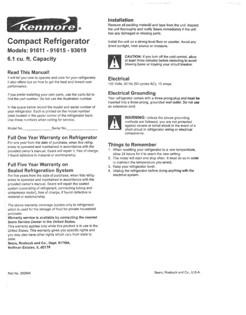 Kenmore Compact refrigerator 91611 user manual