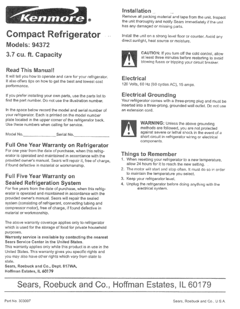 Kenmore Compact refrigerator 94372 User manual