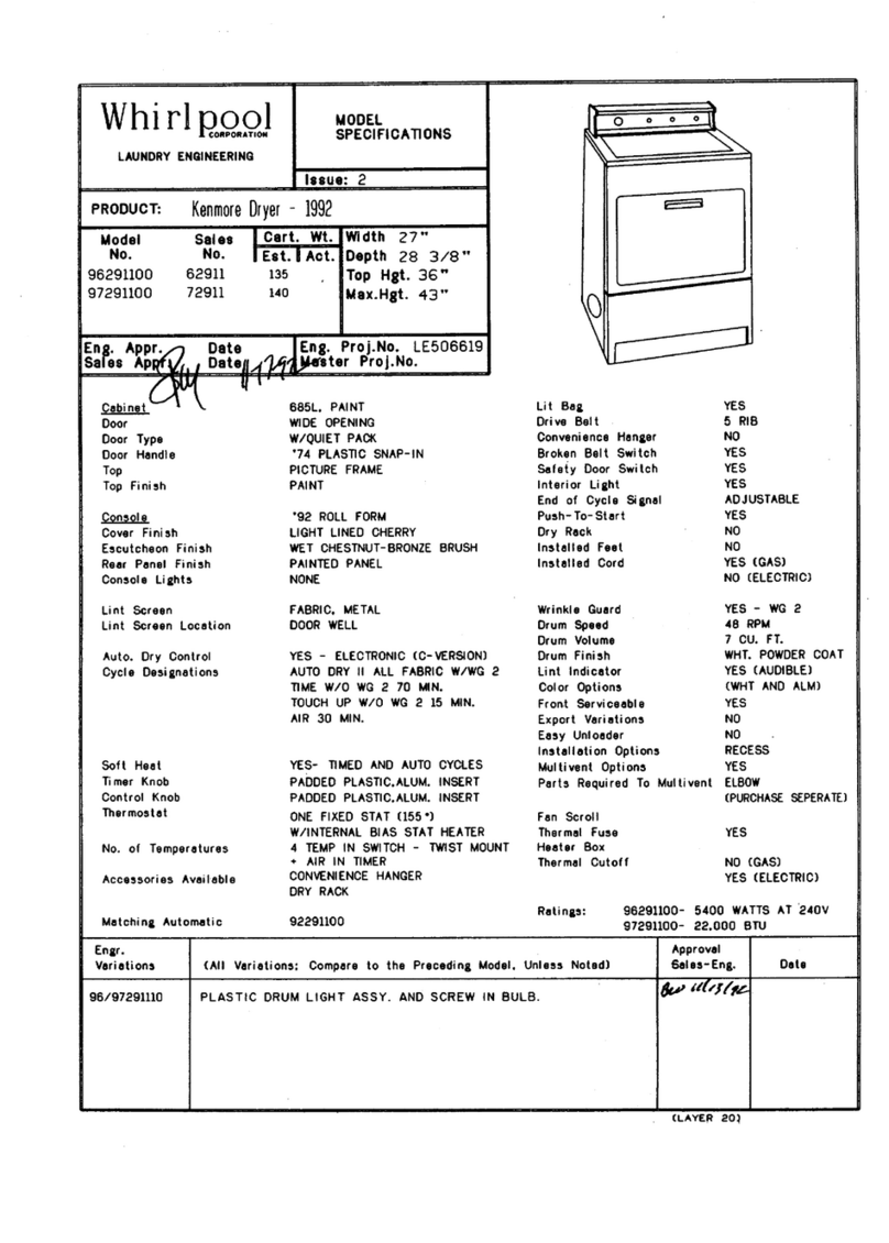 Kenmore Whirpool 1992 96291100 Model specifications
