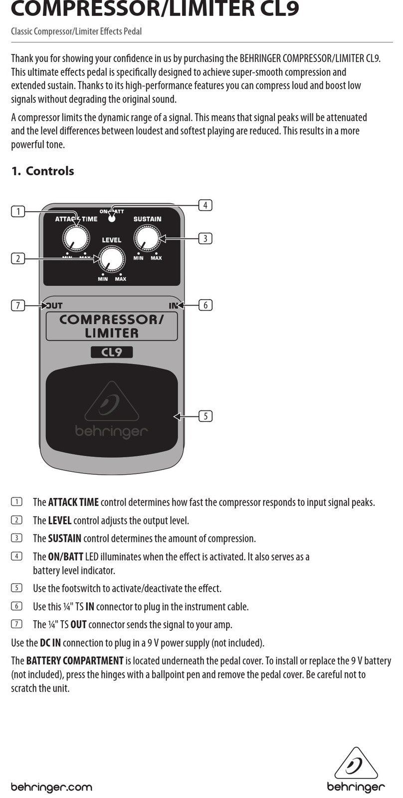 Behringer COMPRESSOR/LIMITER CL9 quick guide