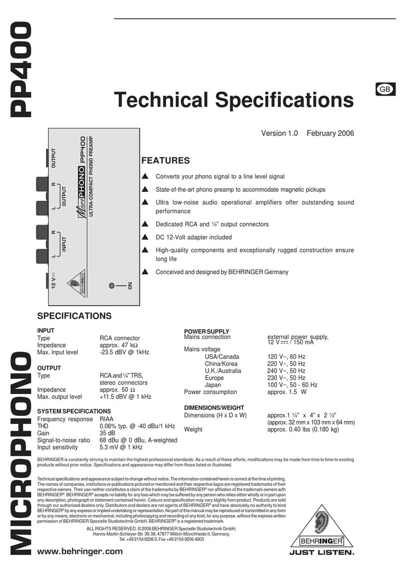 Behringer MicroPHONO PP400 User manual Behringer MicroPHONO PP400 User manual