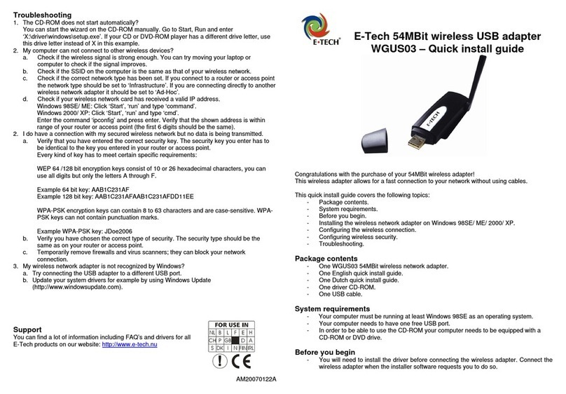E-Tech 54MBit wireless USB adapter WGUS03 Quick install guide