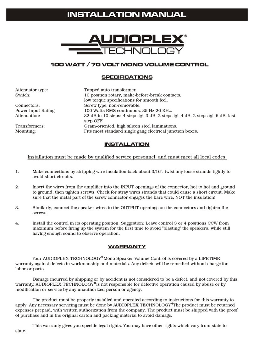 Audioplex 100 WATT / 70 VOLT MONO VOLUME CONTROL User manual