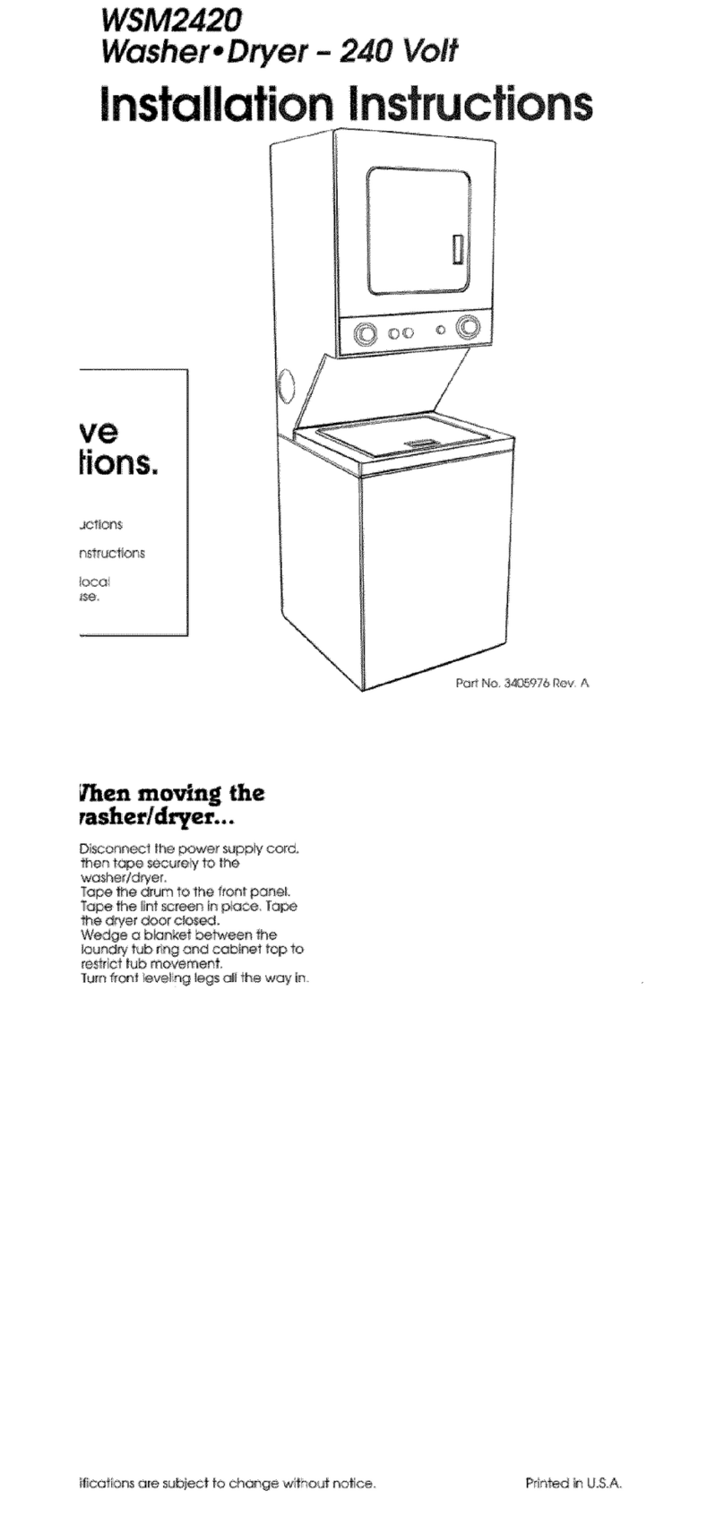 GE Unitized Spacemaker WSM2420 User manual