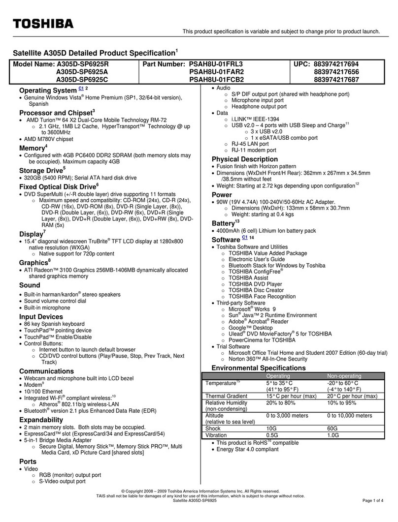 Toshiba Satellite A305D-SP6925A User manual