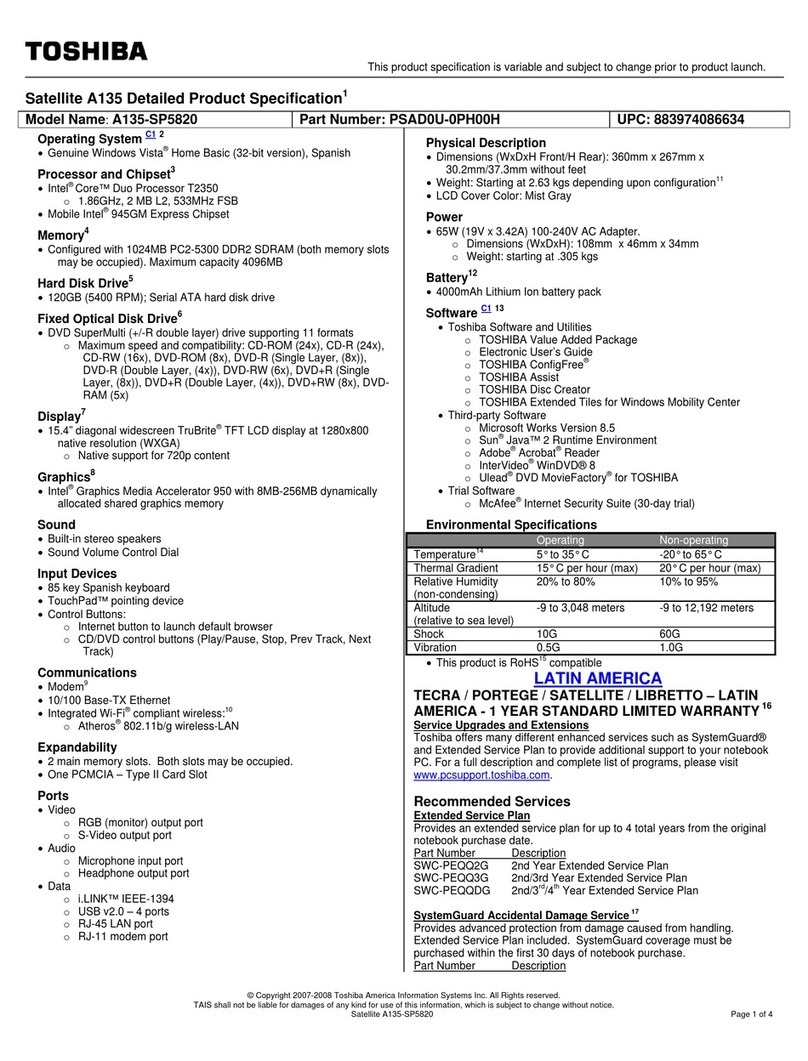 Toshiba Satellite A135-SP5820 Specifications Toshiba Satellite A135-SP5820 Specifications