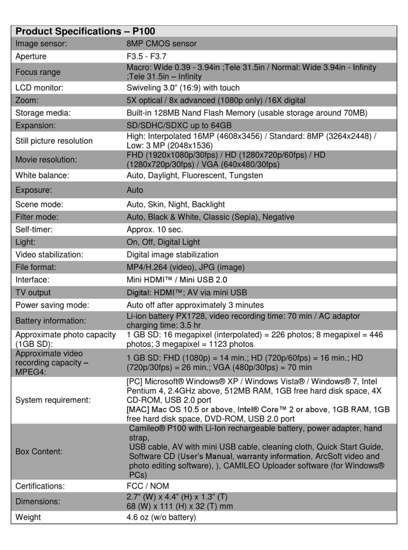 Toshiba PA3943U-1CAM Camileo P100 Specifications
