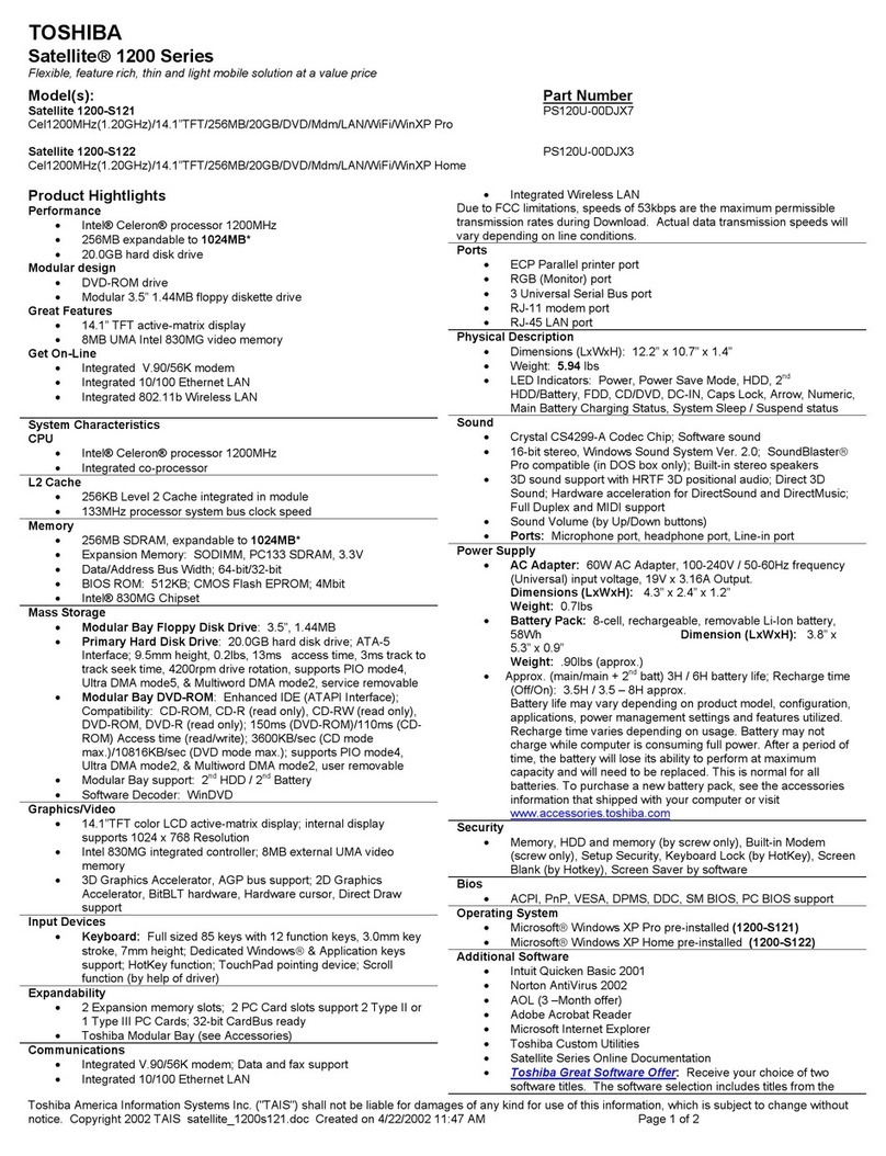 Toshiba Satellite 1200-S122 User guide