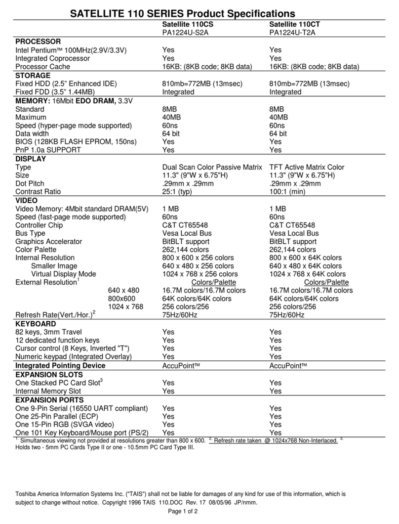 Toshiba 110CS - Satellite - Pentium 100 MHz Specification sheet